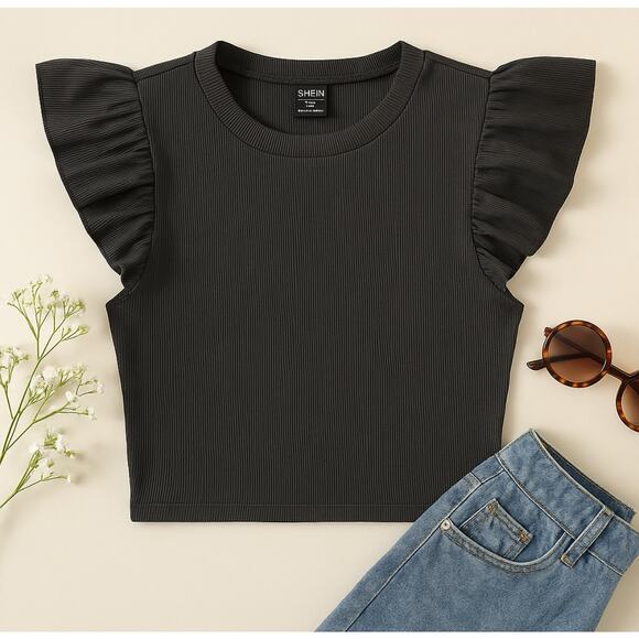 SHEIN Black Ribbed Ruffle Sleeve Crop Top Women’s Size S US 4 Stretchy Knit - Picture 1 of 6
